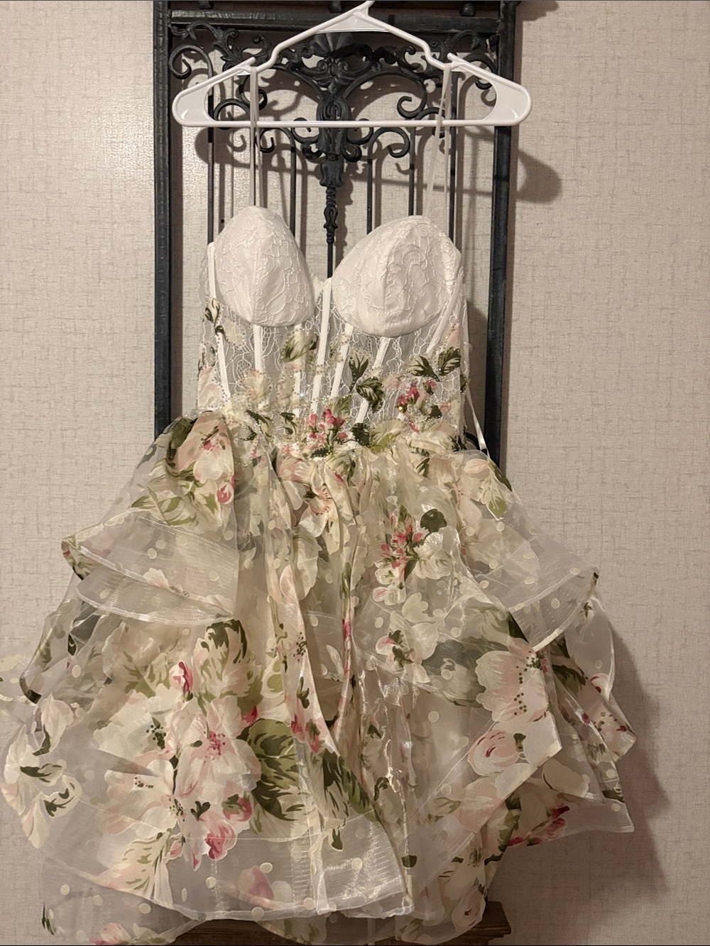 Strapless Floral Prom Dress in White & Green